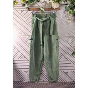 ZARA Women's Green Paperbag Style Pants Belted Tie Waist High Waisted Size XS